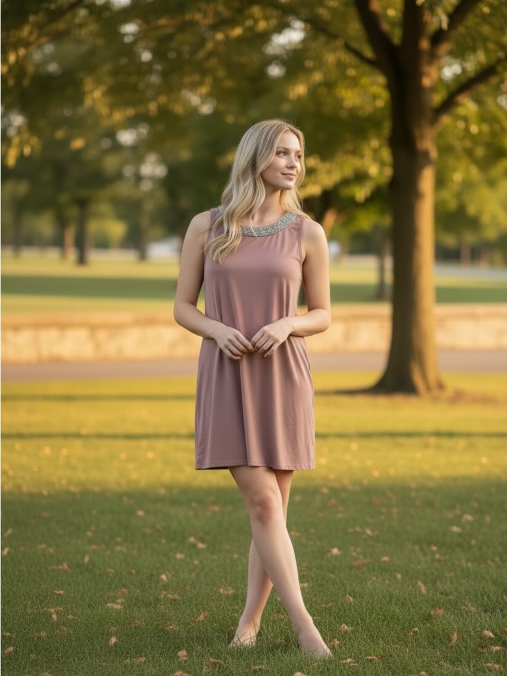 R and M Richard’s Beaded Scoop Neck Sleeveless Tunic in Taupe